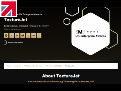 TextureJet wins Most Innovative Surface Processing Technology Manufacturer 2025 at the SME News UK Enterprise Awards