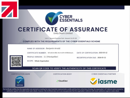 Unity Doors is officially cyber essentials certified